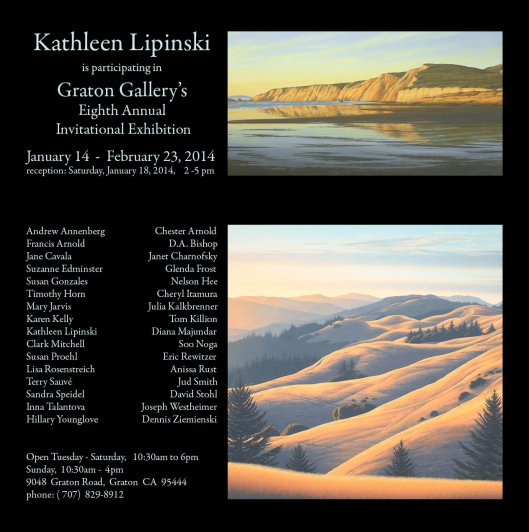 Marin artist, Kathleen Lipinski will have 2 large format Marin landscape paintings in the 8th annual Graton Gallery Invitational