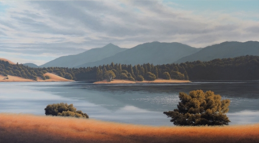 Marin artist, Kathleen Lipinski painted this view of Mt. Tamalpais from Bon Tempe Lake, an oil painting on canvas, 2016.