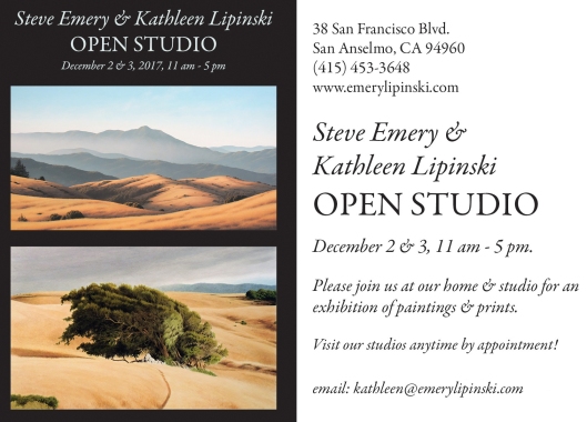 Marin landscape artists, Kathleen Lipinski & Steve Emery will hold their open studio December 2 & 3 from 11 am - 5 pm. Featured will be paintings & prints of mt. Tam, Drake's beach, Loma Alta, large format oil paintings & acrylic paintings.